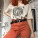 Kuakuayu HJN-T-shirt beige imprimé soleil et lune mode vintage style grunge t-shirt esthétique