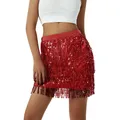 Mini jupe à franges pailletées pour femmes taille élastique paillettes noir argent or rouge