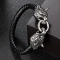 MKENDN – Bracelet classique en cuir pour homme Animal Viking Double Dragon tête de loup en acier