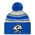 Men's New Era Cream/Royal Los Angeles Rams 2022 Sideline Sport Cuffed Pom Knit Hat