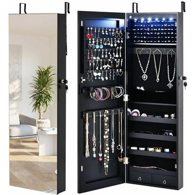 Led Lights Jewelry Cabinet Lockable Wall/Door Mounted Jewelry Armoire w/ Mirror