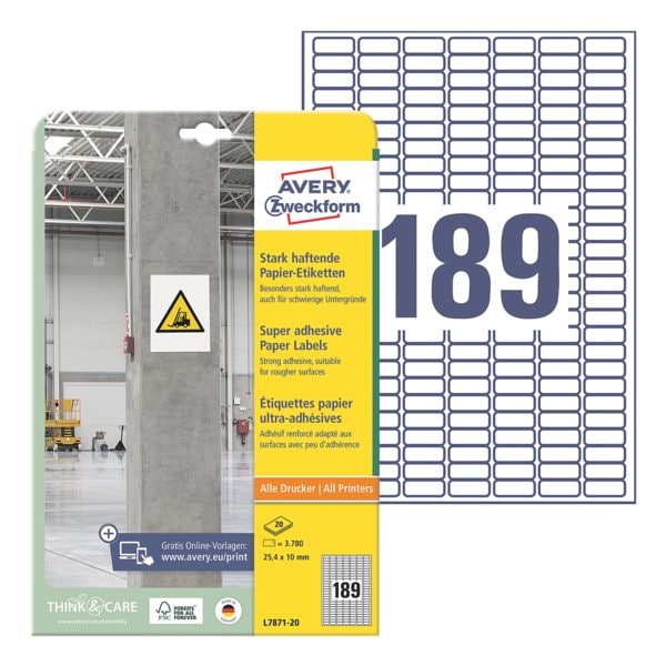 Avery Zweckform Papier-Etiketten »L7871-20« stark haftend 25,4 x 10 mm weiß
