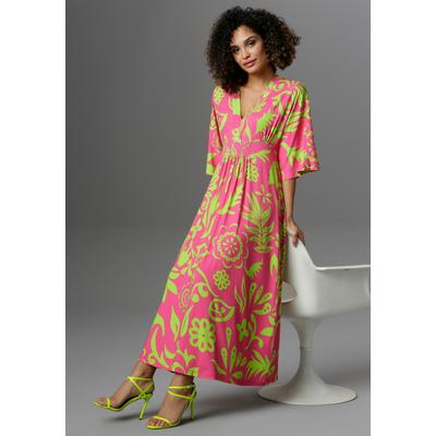 Maxikleid ANISTON SELECTED, Damen, Gr. 44, N-Gr, pink (pink, apfelgrün), Single Jersey, Obermaterial: 95% Viskose, 5% Elasthan, bedruckt, modisch, lässig geschnitten knöchelfrei, V-Ausschnitt, 3/4-Ärmel weit, Kleider Strandkleid, mit weiten,... Image