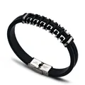 Bracelet manchette en silicone noir vintage pour hommes bijoux à breloques caoutchouc acier