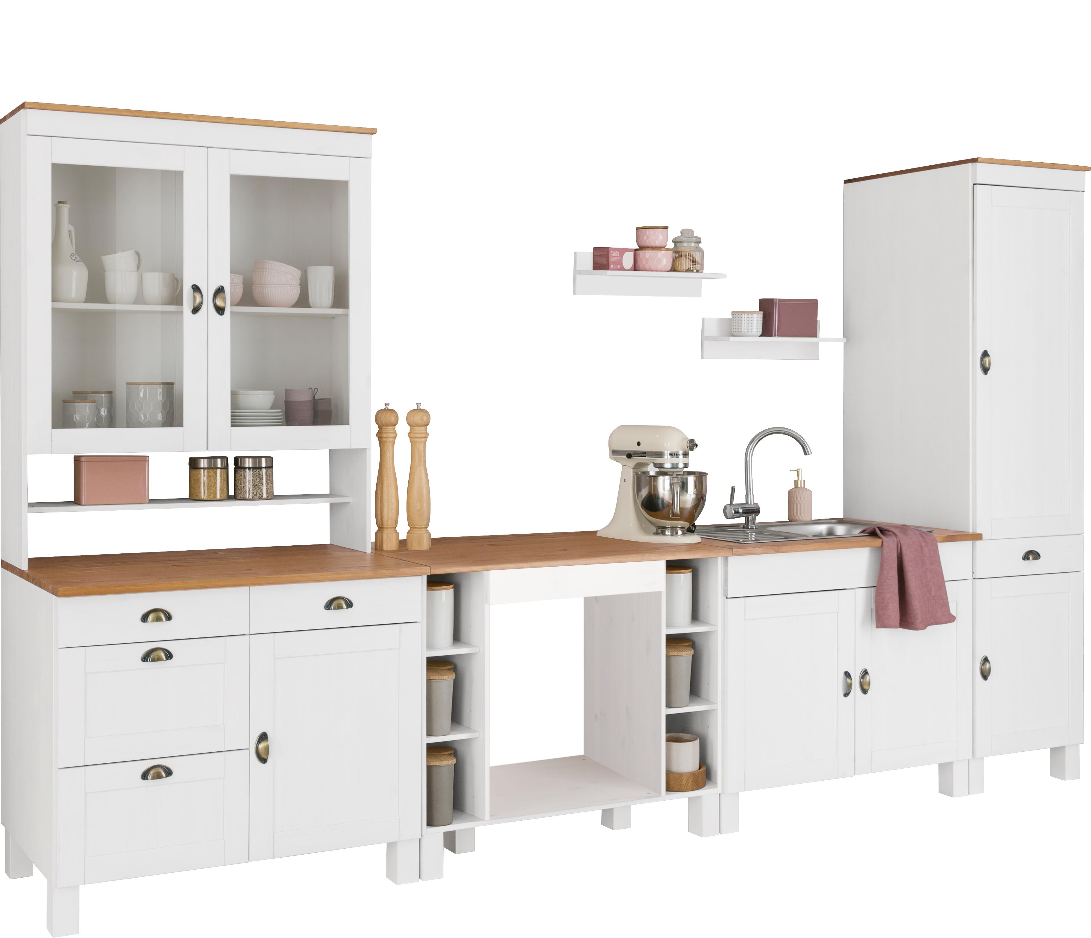 Küchenzeile HOME AFFAIRE "Oslo", weiß (küche: weiß, korpus: weiß, arbeitsplatte: honigfarben), B:350cm T:60cm, Komplettküchen-Sets, Breite 350 cm, in 2 Tiefen, ohne E-Geräte Image