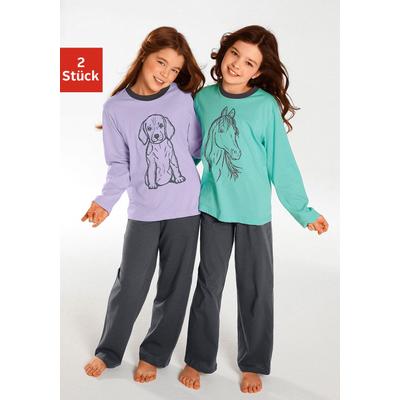 Pyjama VIVANCE, Kinder, Gr. 110/116, bunt (flieder, mint), Jersey, Obermaterial: 100% Baumwolle, unifarben, bedruckt, Basic, lässig geschnitten lang, Rundhals, Langarm abgesteppte Kante, Homewear-Sets, Oberteile in schönen Farben mit Tierdruck Image