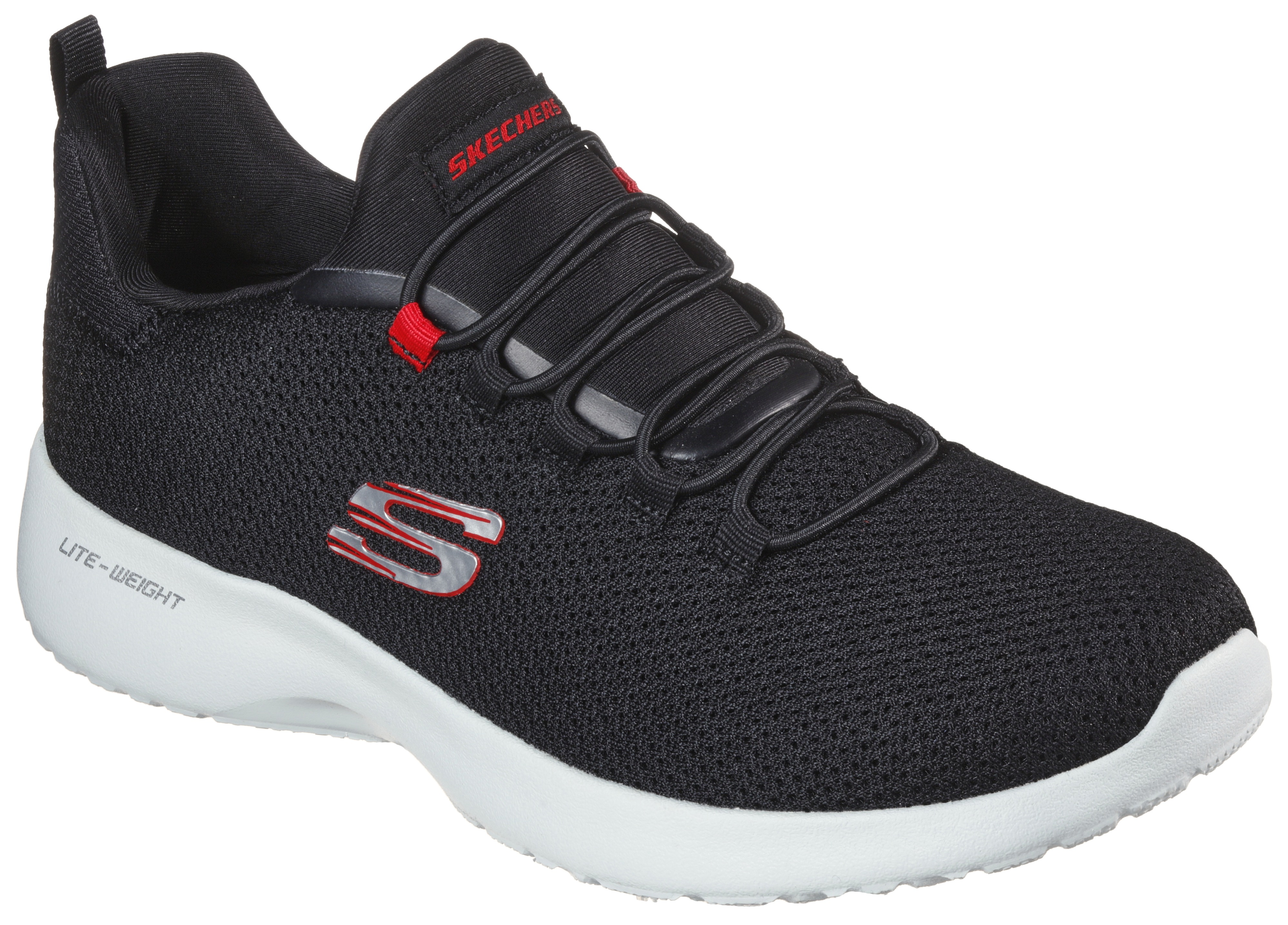 Slip-On Sneaker SKECHERS "DYNAMIGHT", Herren, Gr. 42, schwarz (schwarz, rot), Synthetik, Textil, Schuhe Modernsneaker Sneaker low, Slipper, Freizeitschuh, Trainingschuh mit Memory Foam-Innensohle