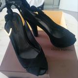 Louis Vuitton Shoes | Louis Vuitton Black Suede Slingback Tonka Sandals Size 38 | Color: Black | Size: 38