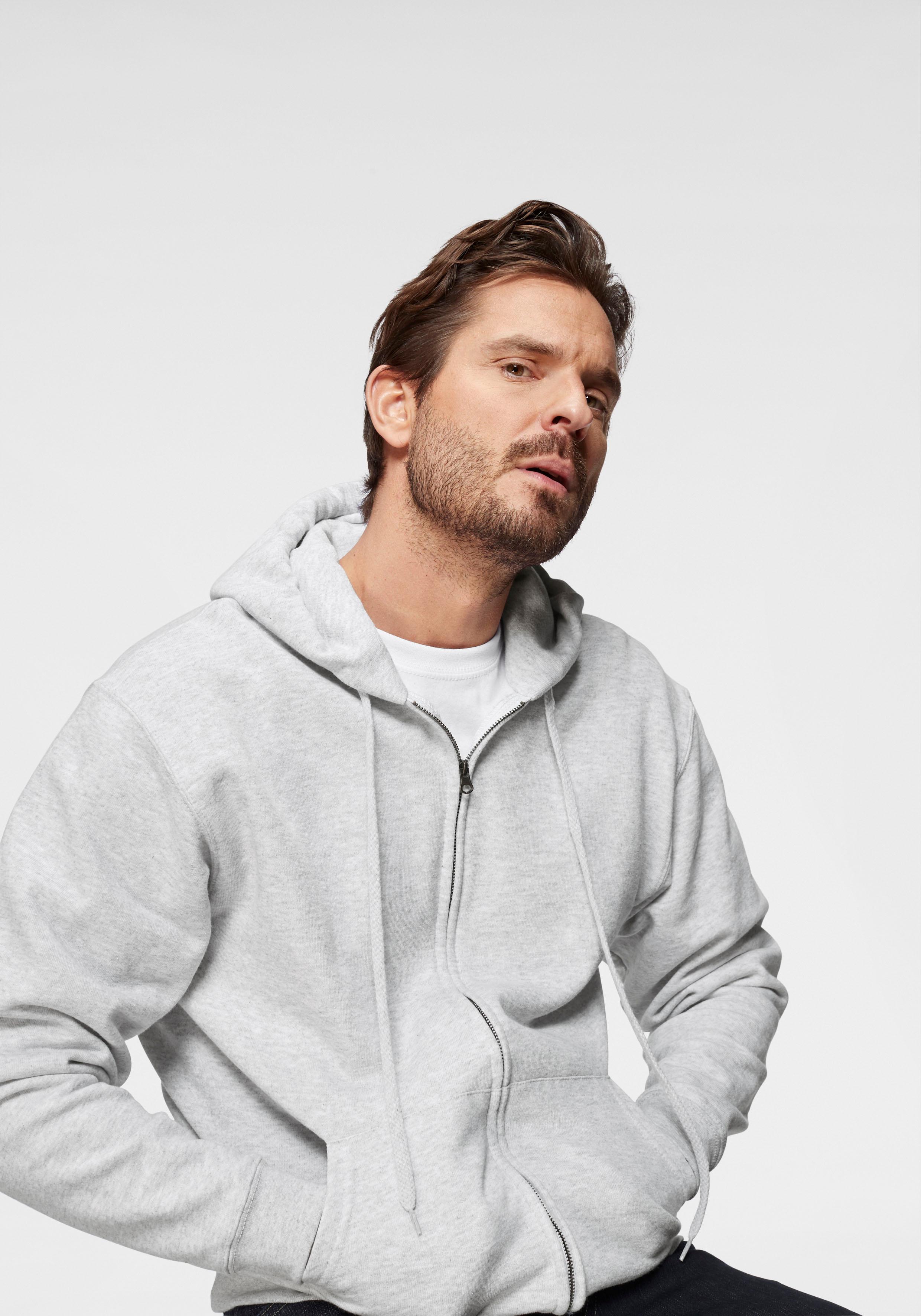 Kapuzensweatjacke FRUIT OF THE LOOM, Herren, Gr. XXL (60/62), grau (hellgrau, meliert), angeraute Sweatware, Obermaterial: 80% Baumwolle, 20% Polyester, meliert, Basic, schmal hüftbedeckend, Rundhals, Rippbündchen, Sweatjacken, mit Kängurutasche Image
