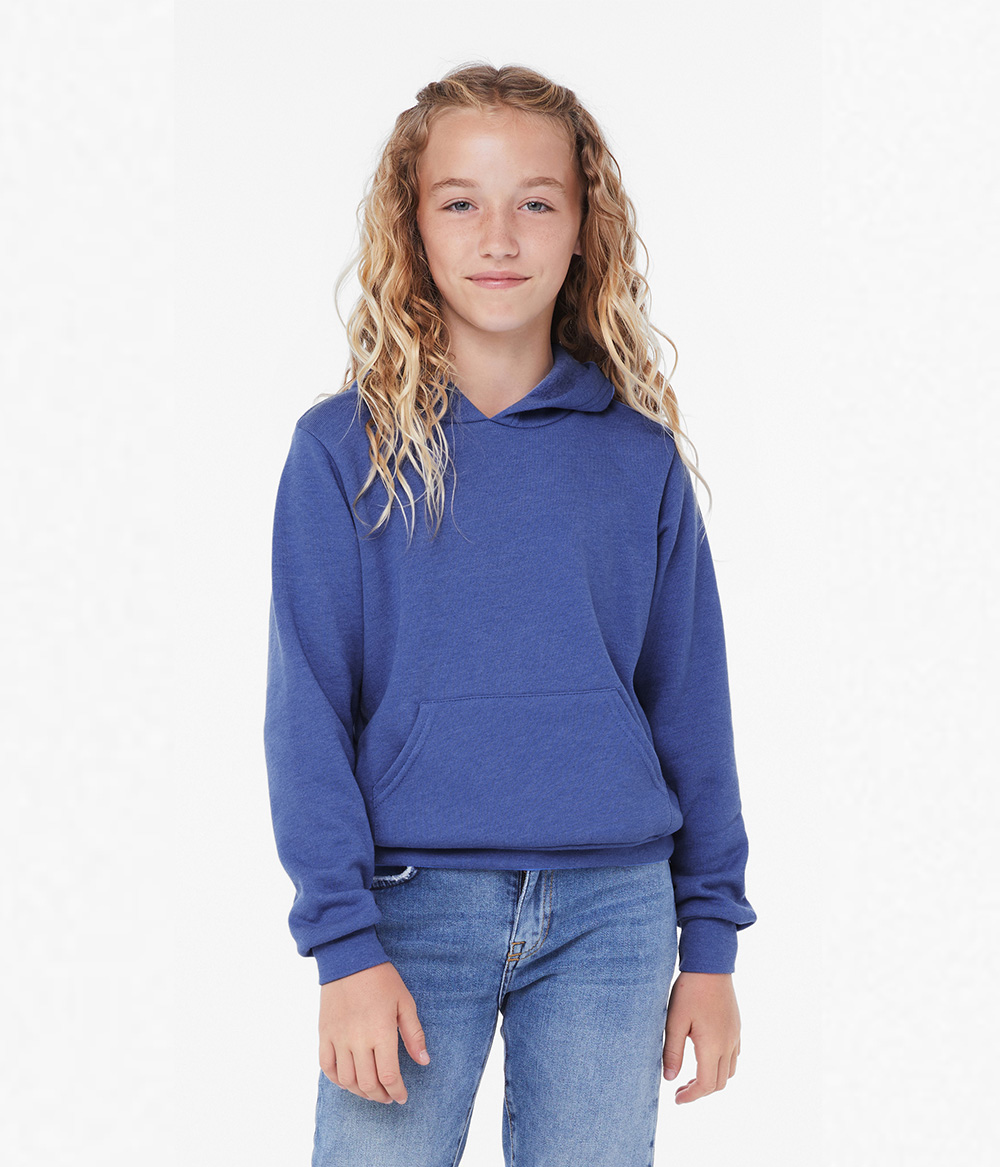 Bella + Canvas 3719Y Youth Sponge Fleece Hoodie Sweatshirt in Heather True Royal Blue size Medium B3719Y, BC3719Y