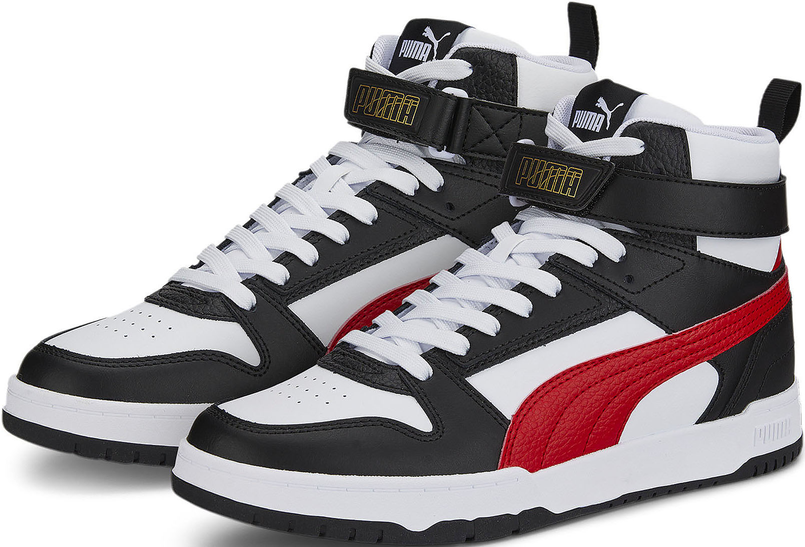 Sneaker PUMA "RBD GAME", Damen, Gr. 42,5, bunt (puma weiß, high risk rot, puma schwarz, puma team gold), Leder, Synthetik, Schuhe Sneaker