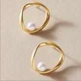 Anthropologie Jewelry | Last! Gold Hoop Minimalist Pearl Studs | Color: Gold/Silver | Size: Os