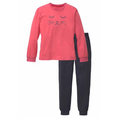 Pyjama VIVANCE, Kinder, Gr. 146/152, schwarz (hummer, anthrazit, meliert), Jersey, Obermaterial: 100% Baumwolle, bedruckt, Basic, lässig geschnitten, Rundhals, Langarm angesetztes Bündchen, Homewear-Sets, Schlafanzug in langer Form mit Cat Print Image