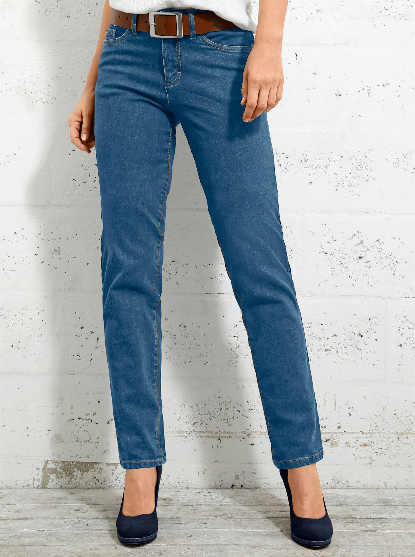 5-Pocket-Jeans INSPIRATIONEN, Damen, Gr. 19, Kurzgrößen, blau (blau, bleached), 81% Baumwolle, 17% Polyester, 2% Elasthan, unifarben, lang, Jeans 5-Pocket-Jeans, Topseller