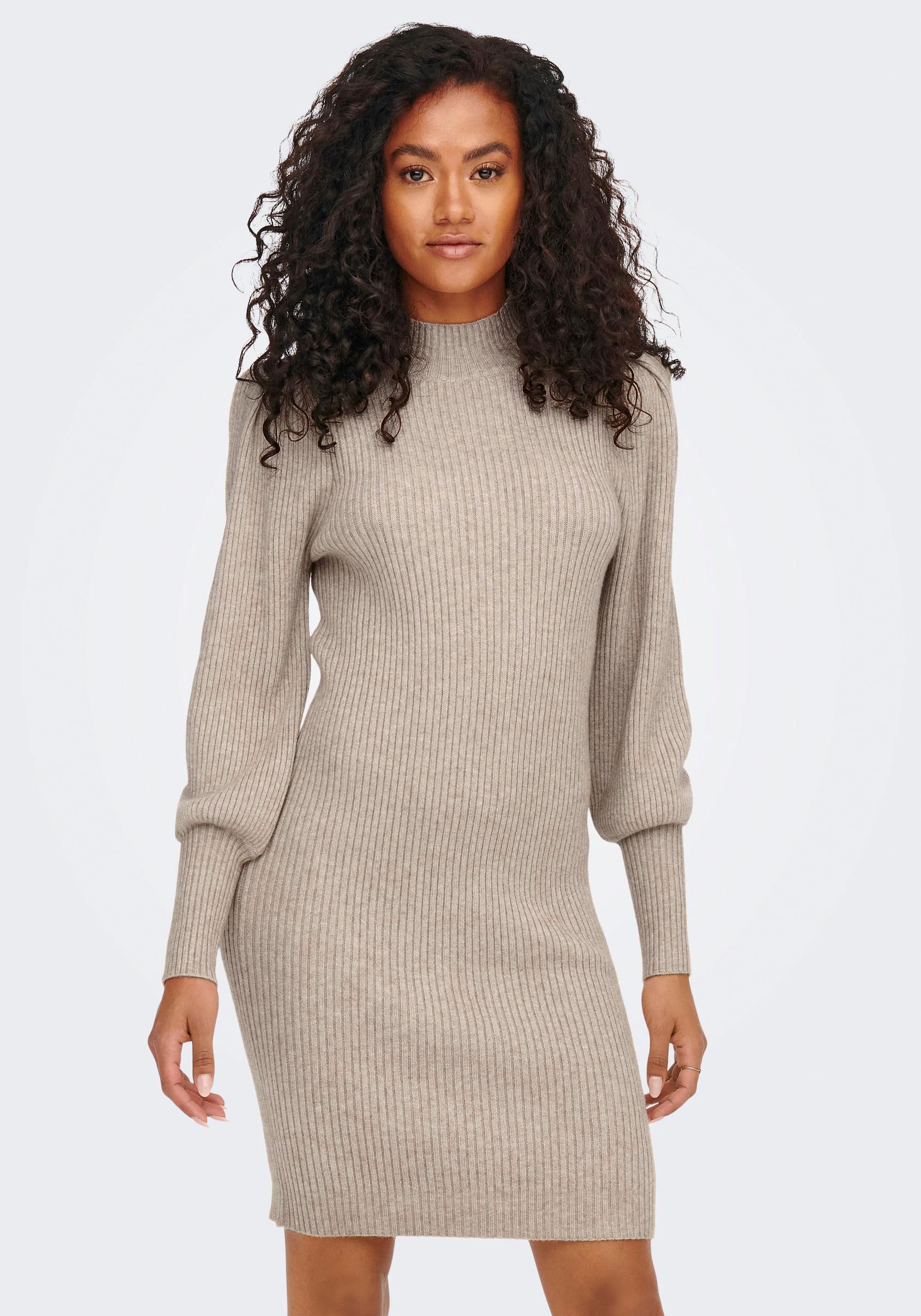 Strickkleid ONLY "ONLKATIA L/S DRESS KNT NOOS", Damen, Gr. M, N-Gr, beige (mocha meringue melange), Strick, Obermaterial: 50% Viskose, 27% Nylon, 23% Polyester, meliert, regular fit ca. Mitte Oberschenkel, Puffärmel Rippbündchen, Kleider Strickkleid