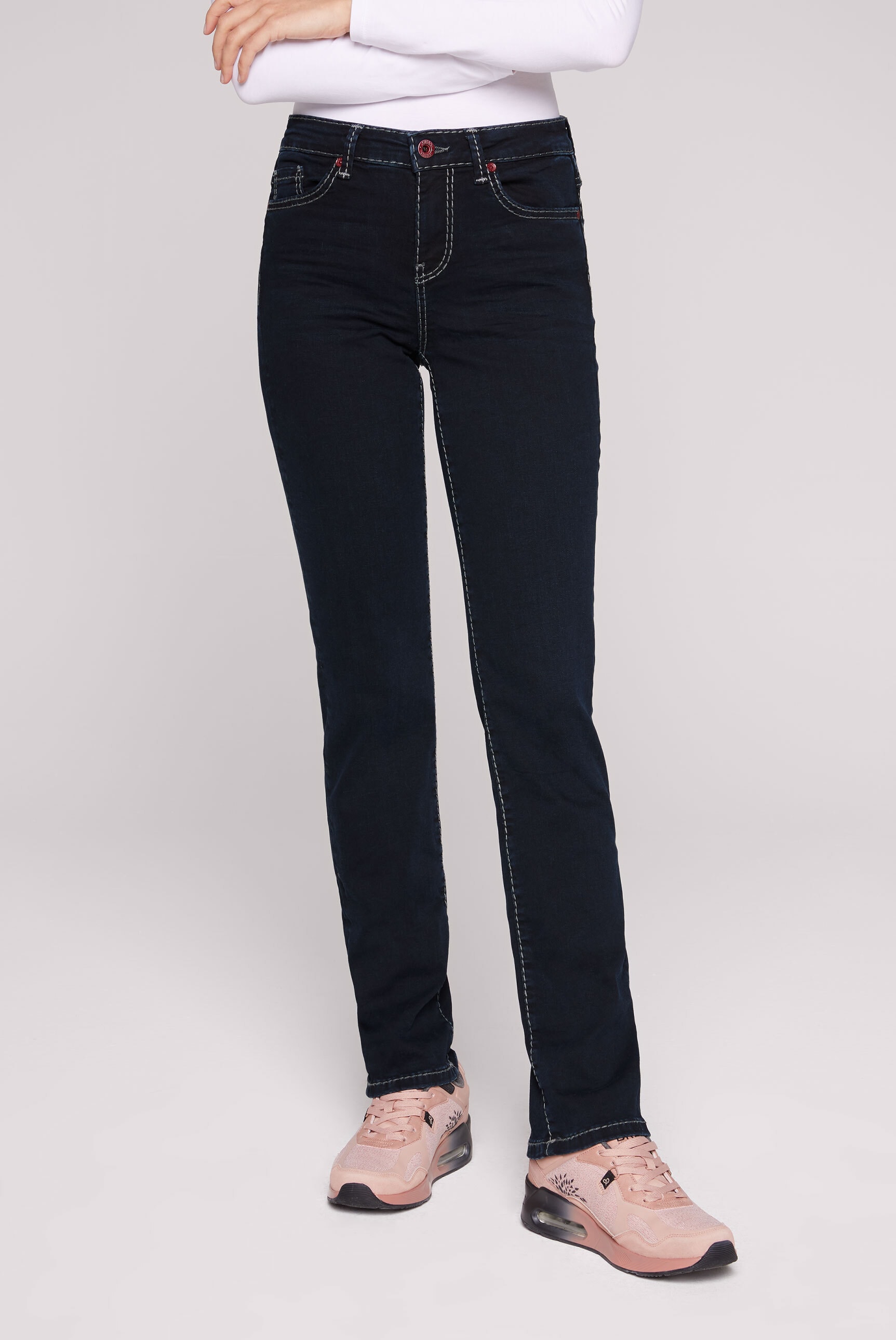 Regular-fit-Jeans SOCCX, Damen, Gr. 26, Länge 32, blau, Material: 89% Baumwolle, 9% Polyester, 2% Elasthan, Zusatz: Enthält nichttextile Teile tierischen Ursprungs (Badge), Abriebeffekte, regular fit, Jeans, mit Stretch-Anteil