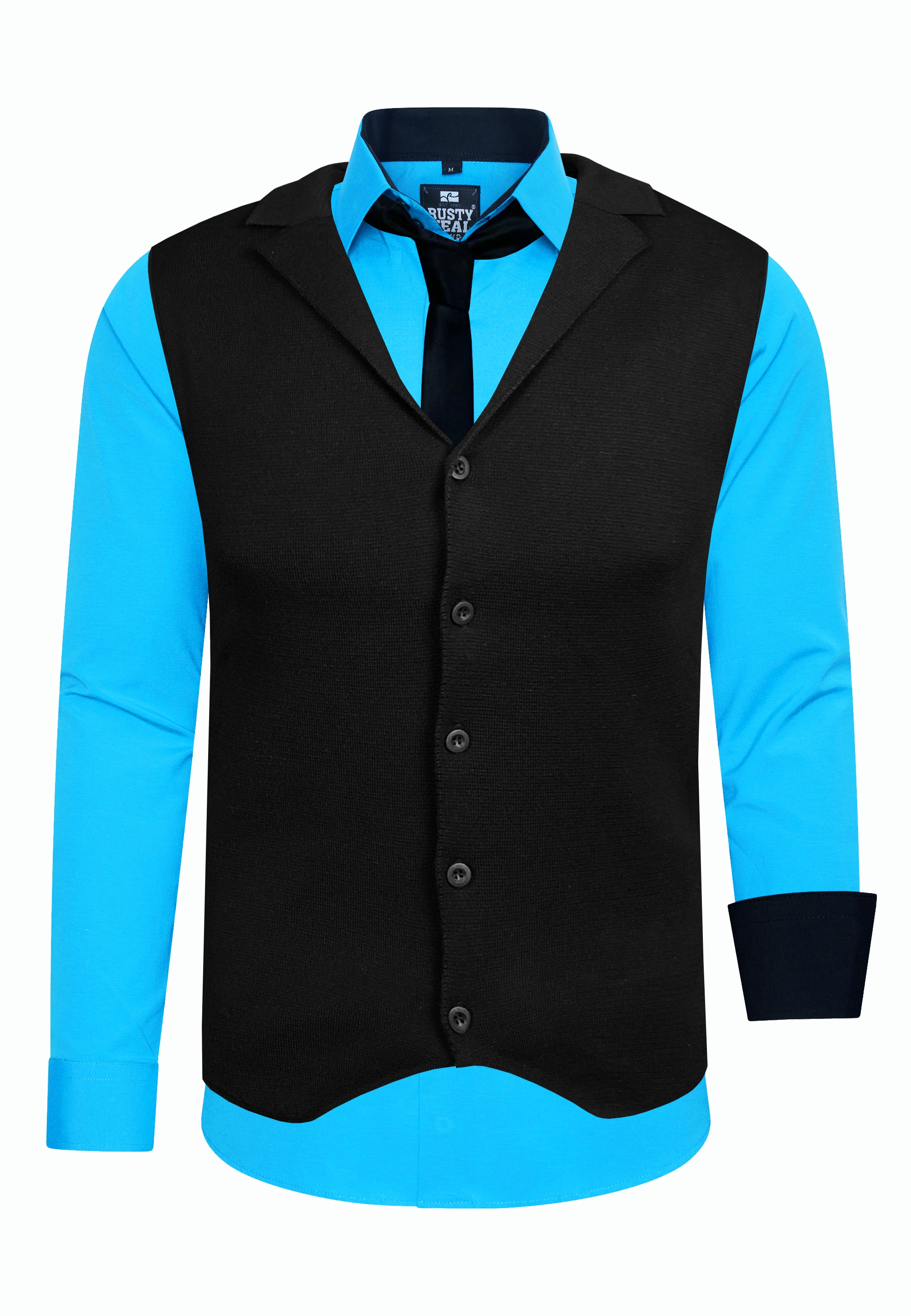 Langarmhemd RUSTY NEAL, Herren, Gr. 6XL, EURO-Größen, blau (türkis), 60% Baumwolle, 37% Polyester, 3% Elasthan, mehrfarbig, ohne Ausschnitt, Hemden, bestehend aus Hemd, Weste und Krawatte