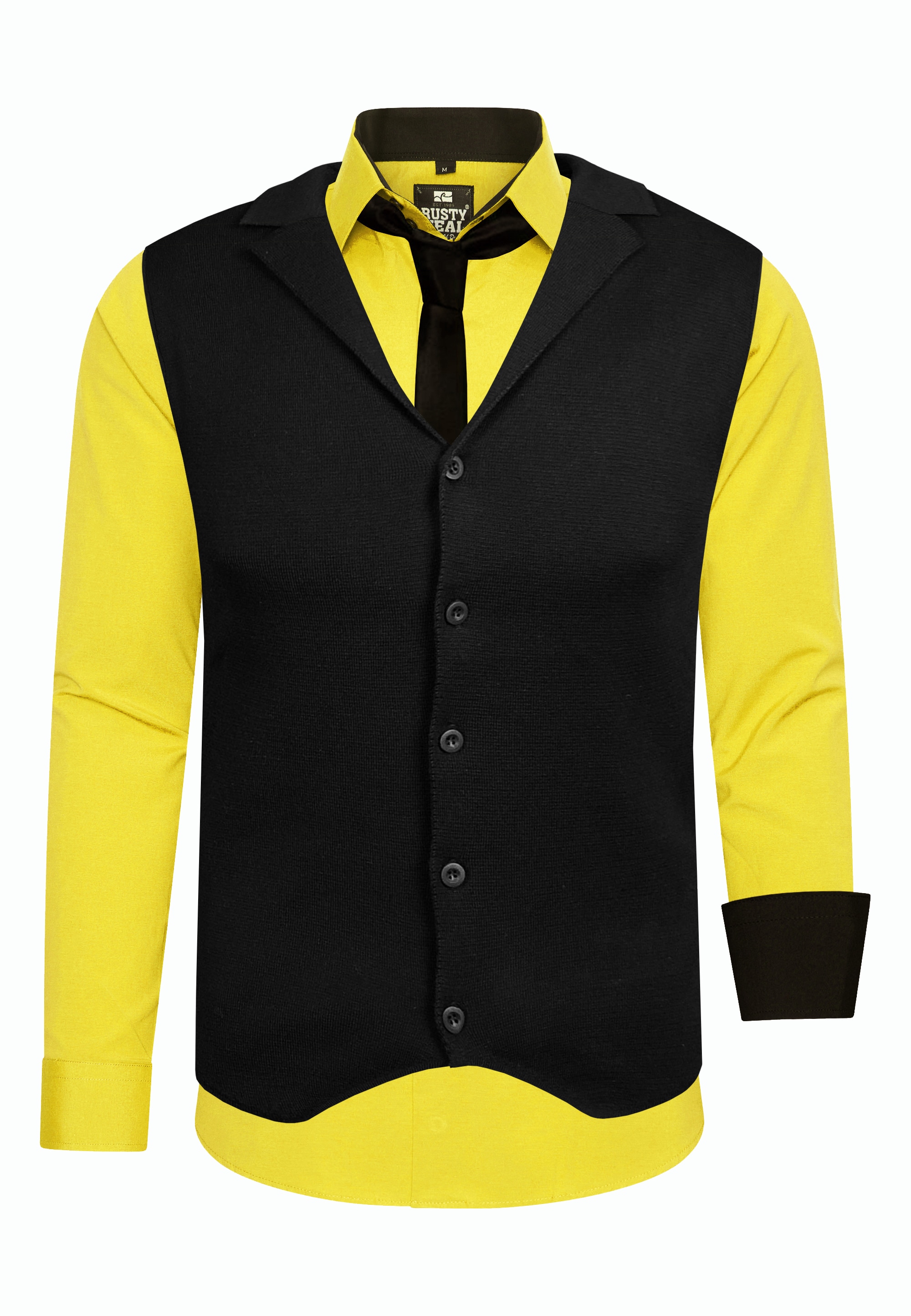 Langarmhemd RUSTY NEAL, Herren, Gr. L, EURO-Größen, gelb, 60% Baumwolle, 37% Polyester, 3% Elasthan, mehrfarbig, ohne Ausschnitt, Hemden, bestehend aus Hemd, Weste und Krawatte