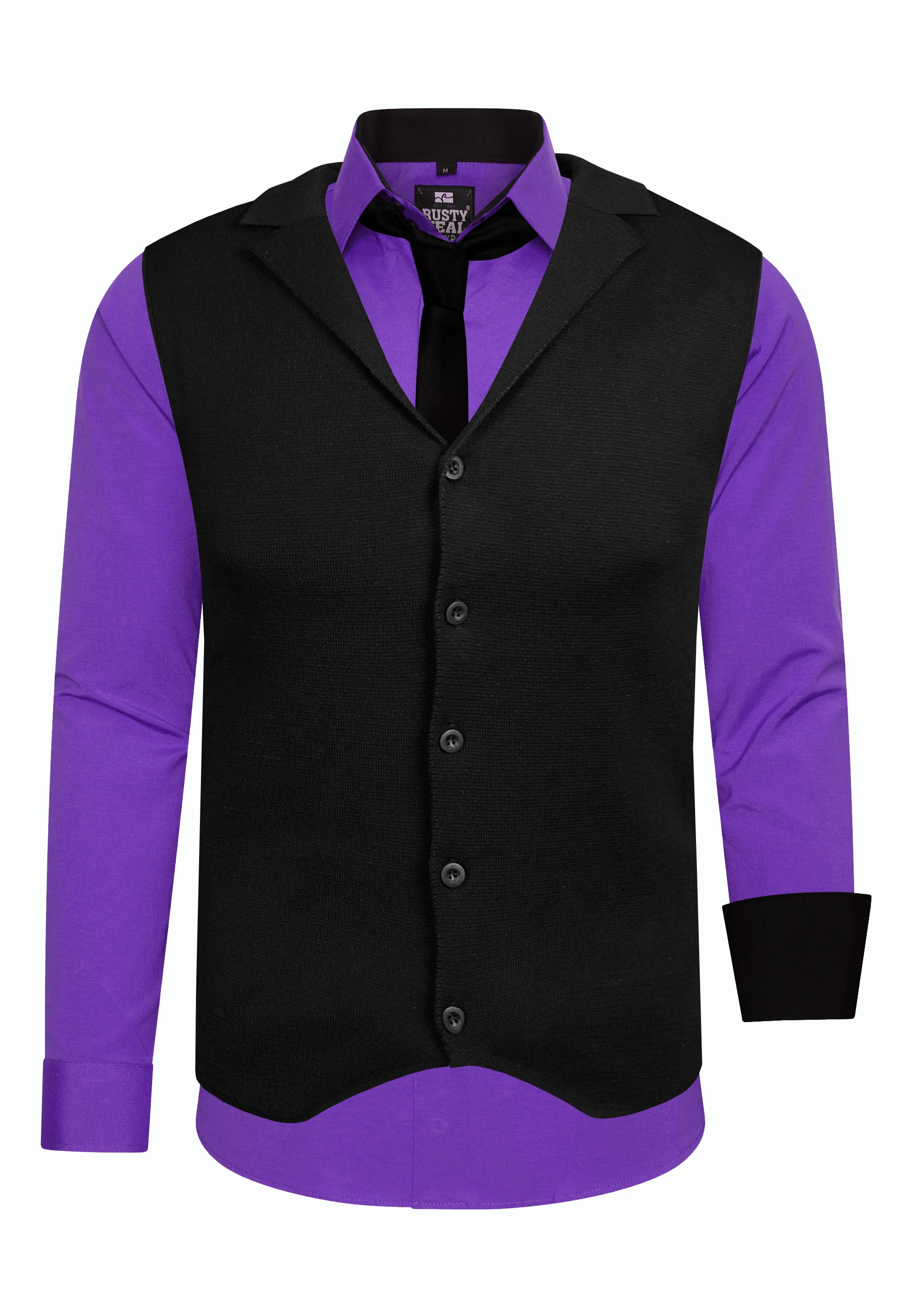 Langarmhemd RUSTY NEAL, Herren, Gr. 3XL, EURO-Größen, lila, 60% Baumwolle, 37% Polyester, 3% Elasthan, mehrfarbig, ohne Ausschnitt, Hemden, bestehend aus Hemd, Weste und Krawatte