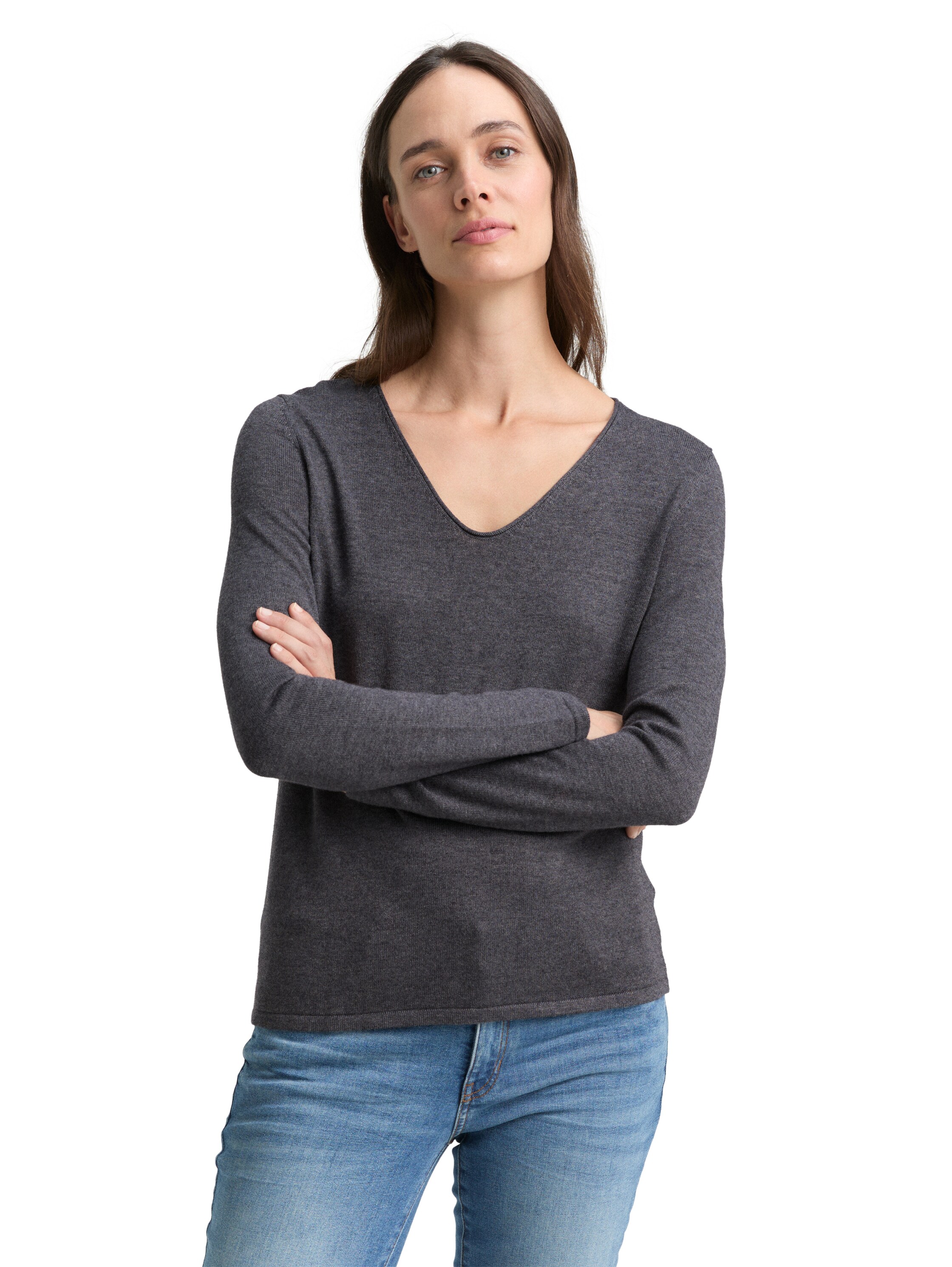 V-Ausschnitt-Pullover TOM TAILOR, Damen, Gr. XL (42), grau (anthrazit meliert), Feinstrick, Obermaterial: 60% Baumwolle, 40% Viskose, unifarben, figurbetont hüftlang, V-Ausschnitt, eng Flachstrickbündchen, Pullover, aus Feinstrick