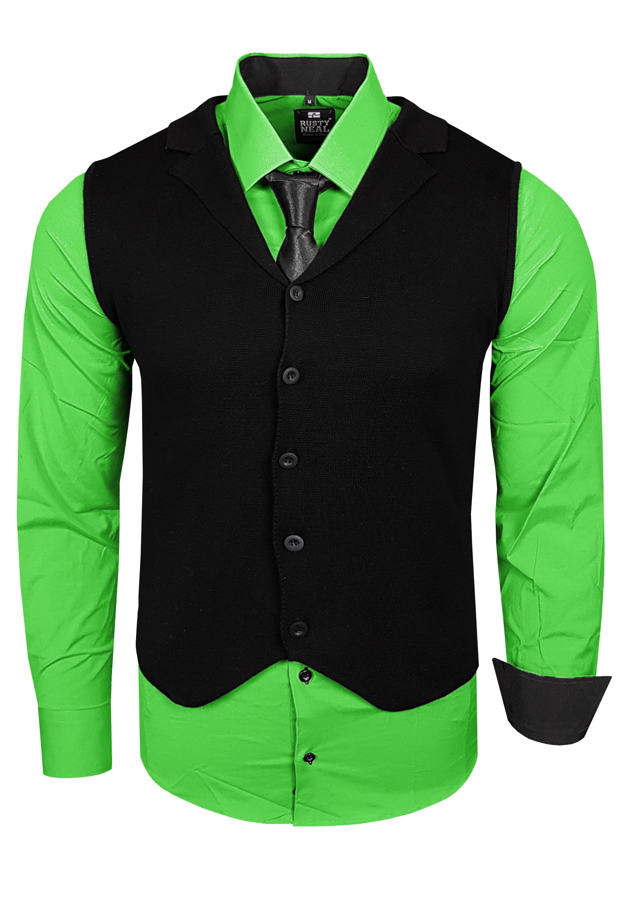 Langarmhemd RUSTY NEAL, Herren, Gr. L, EURO-Größen, grün, 60% Baumwolle, 37% Polyester, 3% Elasthan, mehrfarbig, ohne Ausschnitt, Hemden, bestehend aus Hemd, Weste und Krawatte