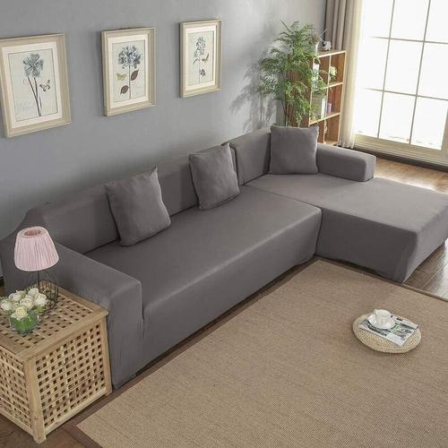 Stretch-Sofabezug, 3 + 2-Sitzer, L-Ecke, Polyester-Canape-Schutzcouchbezug – grau