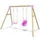 Rebo® Children's Wooden Garden Swing Set - Luna Pink | OutdoorToys | Pressure Treated Timber, Soft Feel Ropes, Baby Swing Seat, Sturdy Construction for Kids