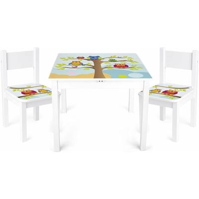 Leomark - White wooden table and 2 chairs - Yeti - Owls