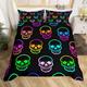 Death Skull Bedding Set Gradient Light Skeleton Comforter Cover Halloween Themed Duvet Cover Double Hippie Sugar Skull Quilt Cover For All Seasons Microfiber Bed Set 3Pcs With Zipper Closure