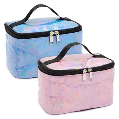 2 Pack Holographic Makeup Bag, Travel Cosmetic Storage Case (Pink and Blue, 8 x 5.5 x 5 In)