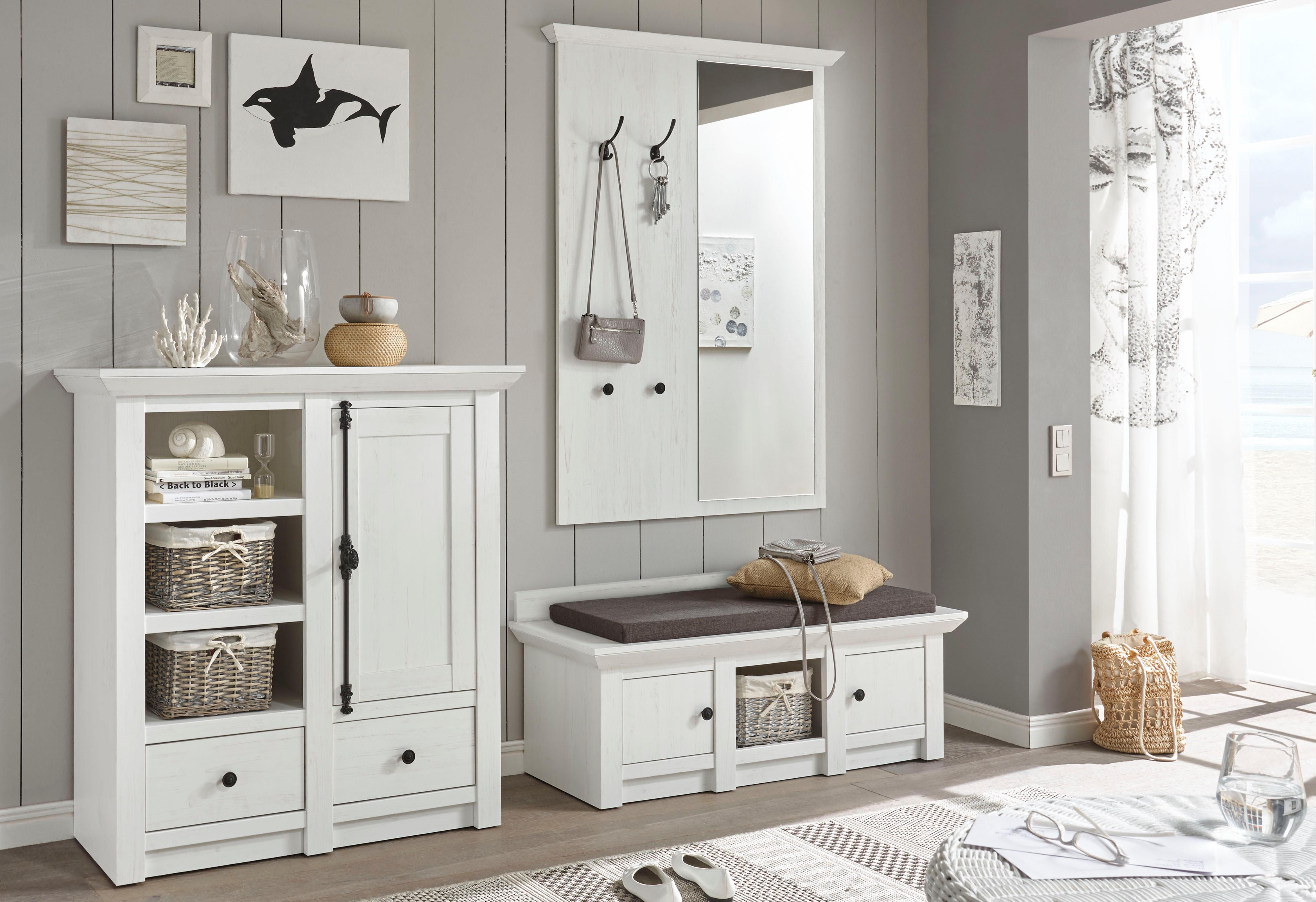 Garderoben-Set HOME AFFAIRE "California, Komplettset im Landhausstil, moderne Garderobe", weiß, B:239cm, Kastenmöbel-Sets, enthält Sitzbank, Paneel mit Spiegel und Kommode, 239 cm breit, Topseller