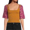 Free People Tops | Free People Marigold Square Neck Contrast Short Sleeve Floral Print Smocked Top | Color: Gold | Size: S