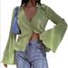 Zara Tops | Lyaner Women's Deep V Neck Button Front Bell Long Sleeve Blouse Shirt Top | Color: Green | Size: Xs