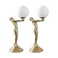 MiniSun Pair of Matt Gold Art Deco Female Holding Light Table Lamp with a White Opal Glass Globe Shade