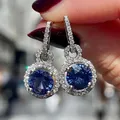 Huretailers-Boucles d'oreilles pendantes rondes bleues CZ pour femmes incrustées de luxe blanc