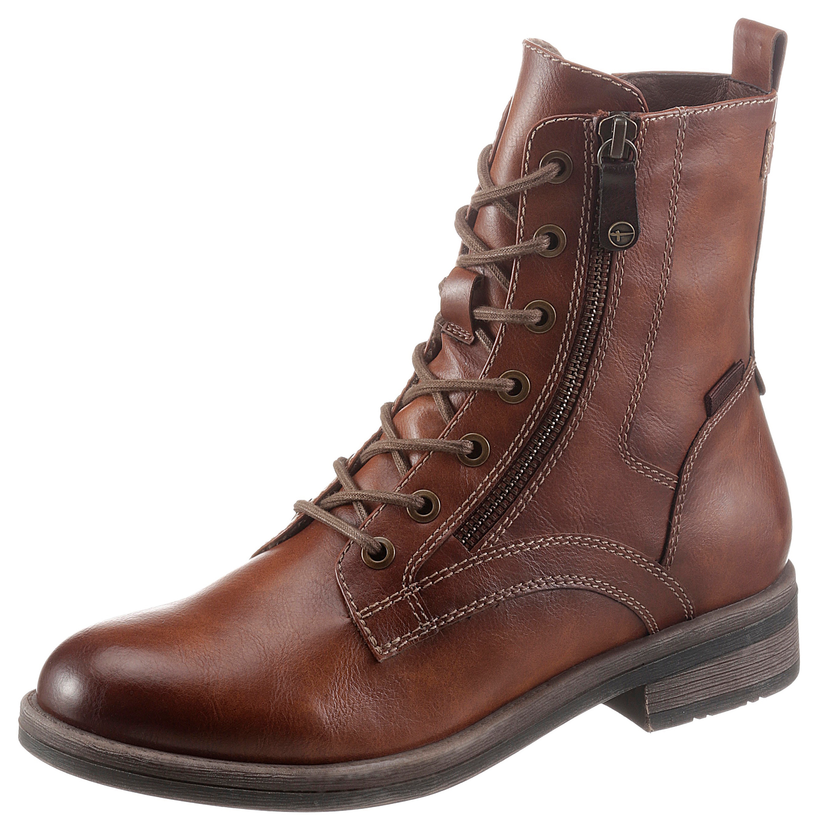Schnürboots TAMARIS "SHAE", Damen, Gr. 40, braun (cognac), Lederimitat, Klassisch, Schuhe, Blockabsatz, Schnürboots Stiefelette mit Zierreißverschluss