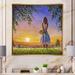 Winston Porter Young Girl Holding Flowers in Countryside Sunset - Painting Canvas in Blue/Green/Yellow | 30 H x 30 W x 1 D in | Wayfair