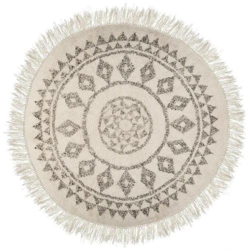 Teppich, rund, ethnische Muster mit Fransen, Baumwolle, ø 120 cm, beige