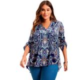 Plus Size Women's Roll-Tab Popover Tunic by June+Vie in Teal Mirrored Paisley (Size 14/16)