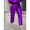 Pantalon violet brillant pour femme taille haute élastique élégant travail de bureau longueur de