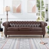 84" Traditional Rolled Arm Chesterfield Three Seater Sofa, PU Leather Seat Cushions & Nailheads Finish Sofa with Wood Legs