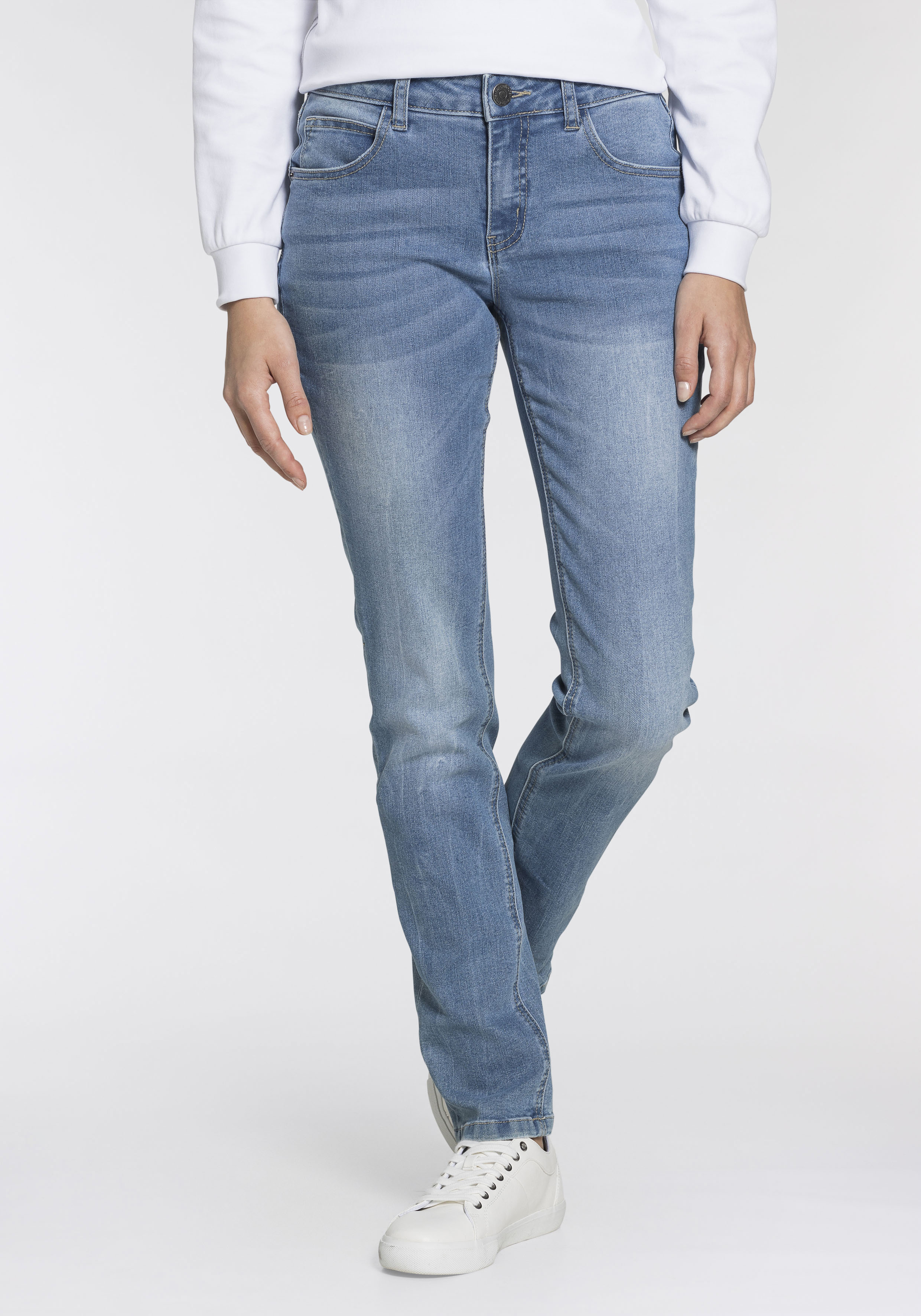 Relax-fit-Jeans KANGAROOS "RELAX-FIT HIGH WAIST", Damen, Gr. 44, N-Gr, blau (light blau u), Denim/Jeans, Obermaterial: 67% Baumwolle, 32% Polyester (REPREVE), 1% Elasthan, Abriebeffekte, vintage, Basic, relaxed fit knöchelfrei, Jeans, knöchelfreie...