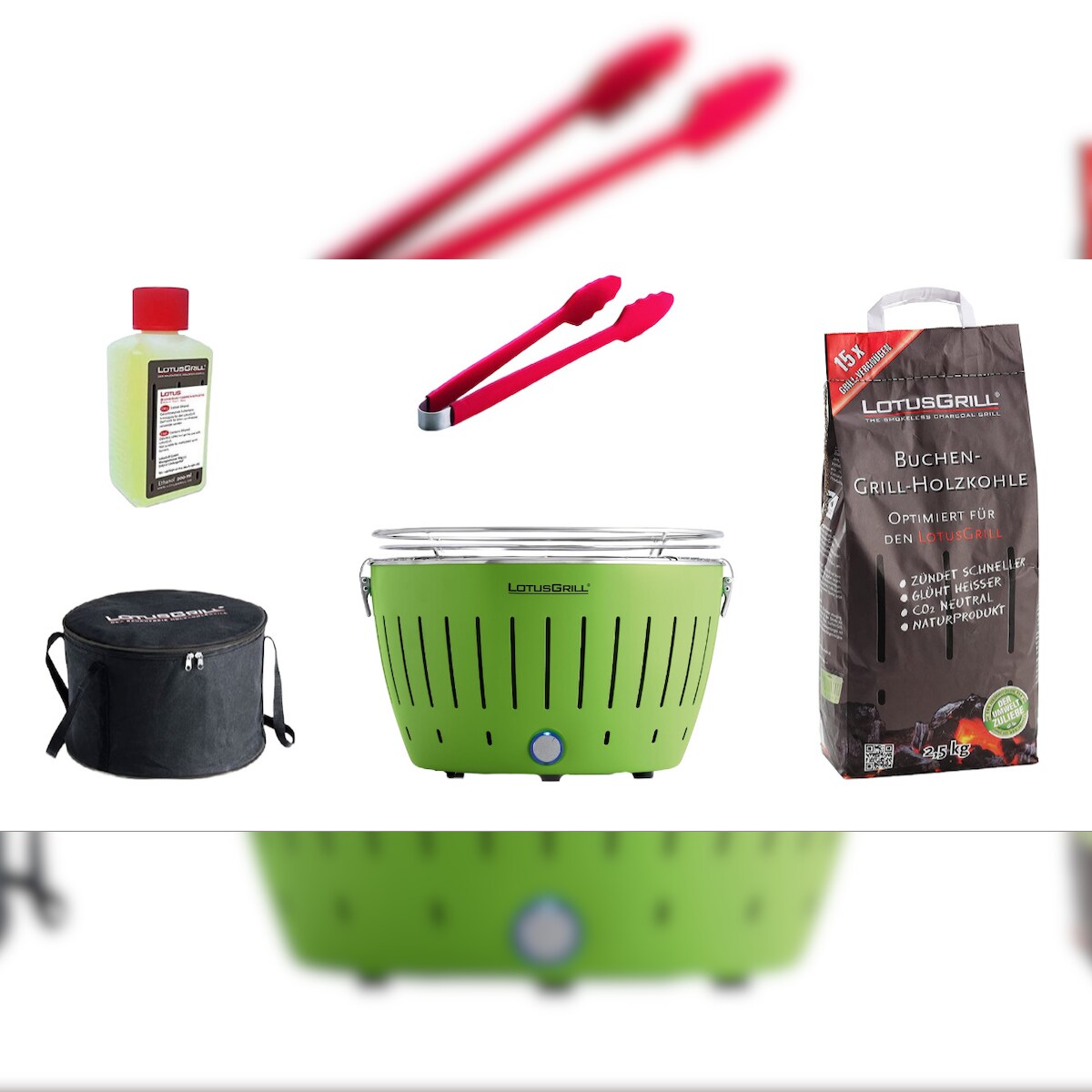 LotusGrill Starter-Set Classic 1x Grill Limettengrün USB-Anschluß, 1x Buchenholzkohle 2,5 kg, 1x Brennpaste 200ml, 1x Zange (Farbe nach Vorrat), 1x Image
