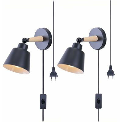 Wandleuchte mit EU-Stecker, Moderne Wandlampe Innen mit Lampenschirm im Metall & Holz, Wandstrahler Image
