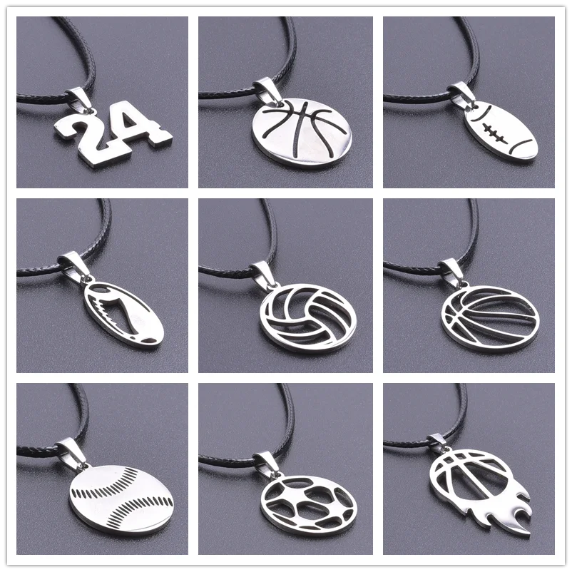 Collier pendentif de sport en acier inoxydable, accessoires pour femmes et hommes, corde en cuir, basket-ball, Football, bijoux à breloques, cadeaux