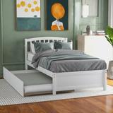 Twin Size Solid Wood Platform Bed with Twin Size Trundle Bed and Slat-Shaped Headboard