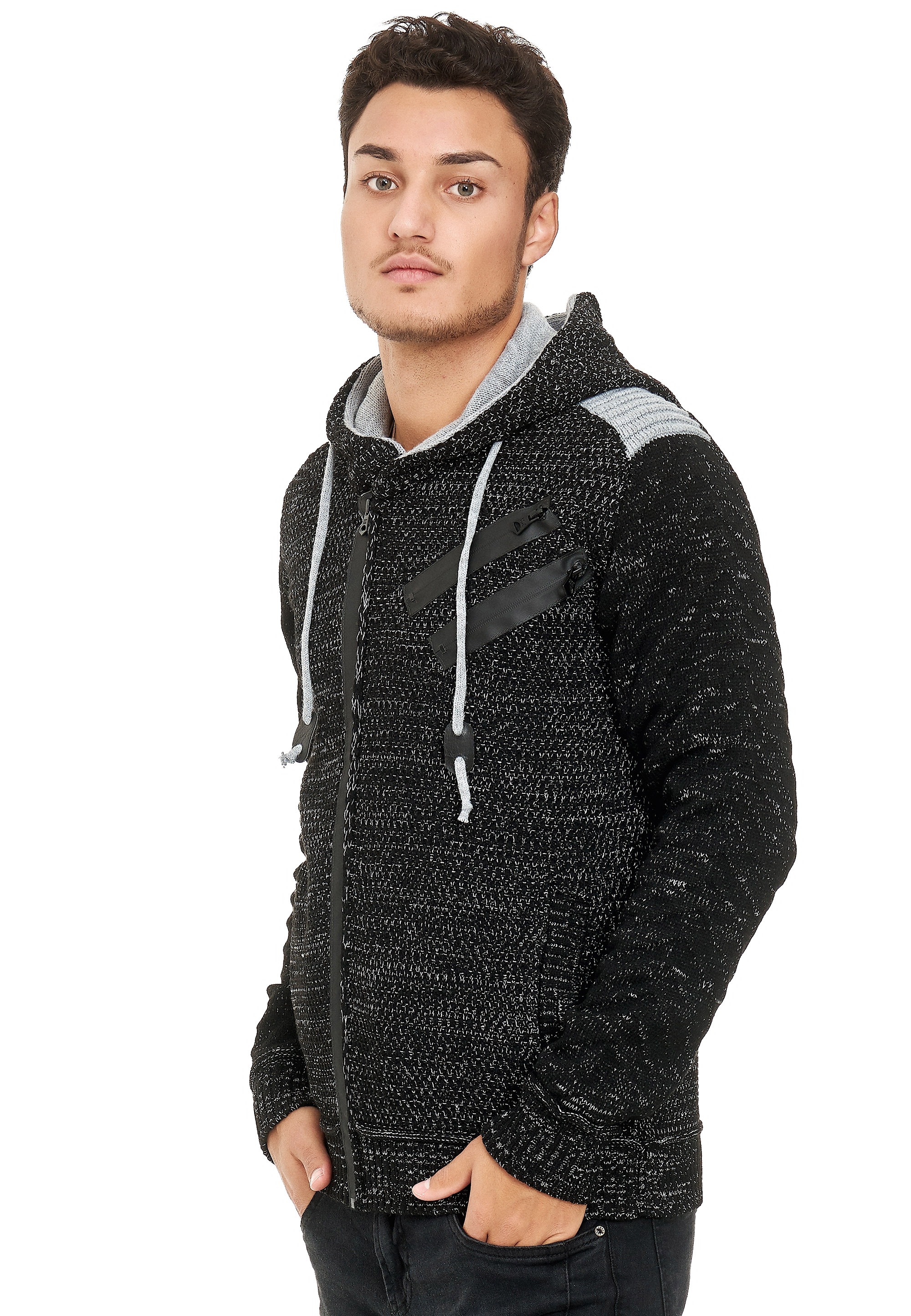 Strickjacke RUSTY NEAL, Herren, Gr. L, schwarz (schwarz, grau), 70% Polyacryl, 30% Baumwolle, unifarben, ohne Ausschnitt, Strickjacken, in cooler Grobstrickoptik Image