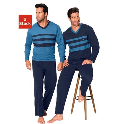 Pyjama LE JOGGER, Herren, Gr. 52/54 (L), blau (blau, marine), Jersey, Obermaterial: 100% Baumwolle, unifarben mit Farbeinsätzen, Basic, lang, V-Ausschnitt, Langarm abgesteppte Kante, Homewear-Sets, Schlafanzug mit kontrastfarbigen Einsätzen vorn Image