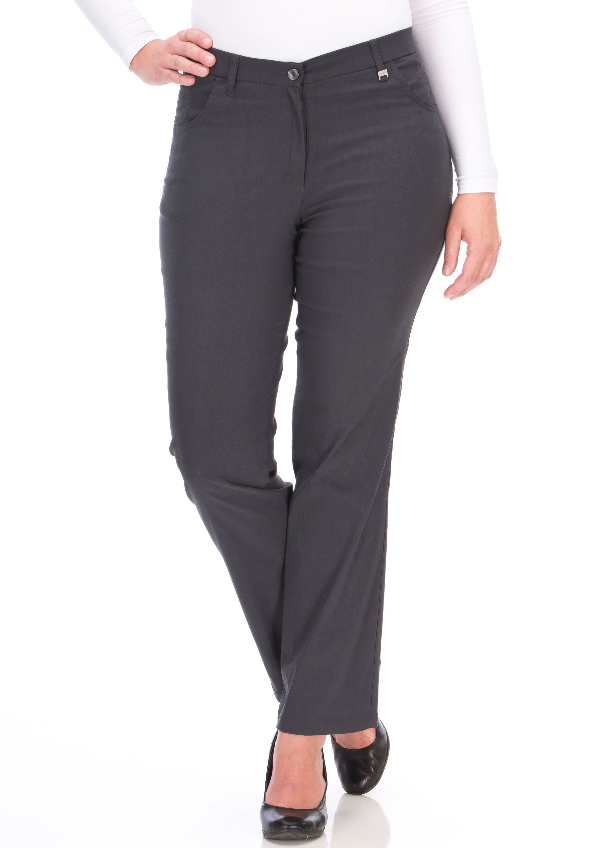 5-Pocket-Hose KJBRAND "Betty Bengaline", Damen, Gr. 50 (25), K-Gr, grau (anthrazit), Web, Obermaterial: 80% Viskose, 17% Polyamid, 3% Elasthan, bequem lang, Hosen 5-Pocket-Hose, in bequemer Form