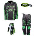 Wulf Linear Kids Motocross Race Suit & Stratos Gloves & Goggles Children Motorbike Motorcycle Off Road MX Set - Green : 3-4 years - GLOVES : XS